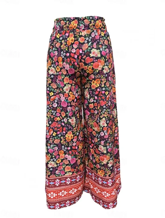 Women's Wide Leg Chinos Fashion Streetwear Full Length High Waist Floral Pocket Elastic Waistband Print Comfy Soft Comfortable Micro-elastic Outdoor Street Spring & Fall Regular Fit Women Spring Pants