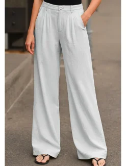 Clearance Women's Wide Leg Chinos Pants Trousers Basic Casual Full Length High Waist Plain Comfort Outdoor Inelastic Vacation Street Daily Pink Beige Gray Light Blue Summer Spring Loose Fit Women Pants