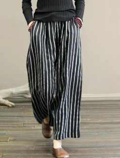 Discount Women's Wide Leg Chinos Pants Trousers Vintage Fashion Lightweight Full Length Mid Waist Striped Pocket Elastic Waist Baggy Breathability Comfortable Micro-elastic Vacation Casual Daily Black White Women Pants