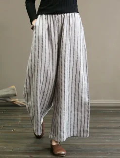 Discount Women's Wide Leg Chinos Pants Trousers Vintage Fashion Lightweight Full Length Mid Waist Striped Pocket Elastic Waist Baggy Breathability Comfortable Micro-elastic Vacation Casual Daily Black White Women Pants