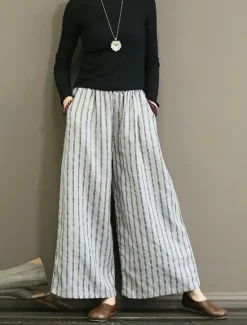Discount Women's Wide Leg Chinos Pants Trousers Vintage Fashion Lightweight Full Length Mid Waist Striped Pocket Elastic Waist Baggy Breathability Comfortable Micro-elastic Vacation Casual Daily Black White Women Pants