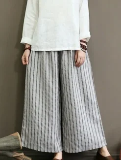 Discount Women's Wide Leg Chinos Pants Trousers Vintage Fashion Lightweight Full Length Mid Waist Striped Pocket Elastic Waist Baggy Breathability Comfortable Micro-elastic Vacation Casual Daily Black White Women Pants
