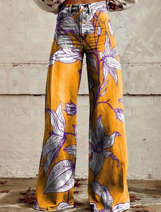 Best Women's Wide Leg Chinos Vacation Fashion Streetwear Full Length High Waist Floral Pocket Printing Comfy Soft Comfortable Micro-elastic Outdoor Street White Yellow Navy Blue Blue Summer Spring Regular Women Pants