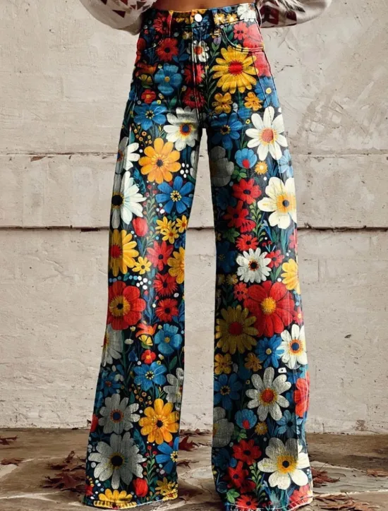 Best Women's Wide Leg Chinos Vacation Fashion Streetwear Full Length High Waist Floral Pocket Printing Comfy Soft Comfortable Micro-elastic Outdoor Street White Yellow Navy Blue Blue Summer Spring Regular Women Pants