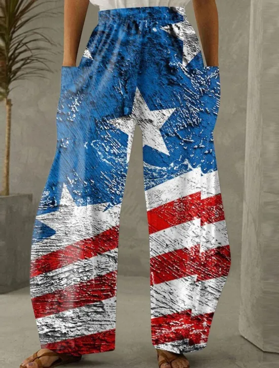 Sale Women's Wide Leg Chinos Vacation Fashion Streetwear Full Length High WaistPants Flag Pocket Elastic Waistband Printing Comfy Soft Comfortable Micro-elastic Outdoor Women Independence Day Bottoms