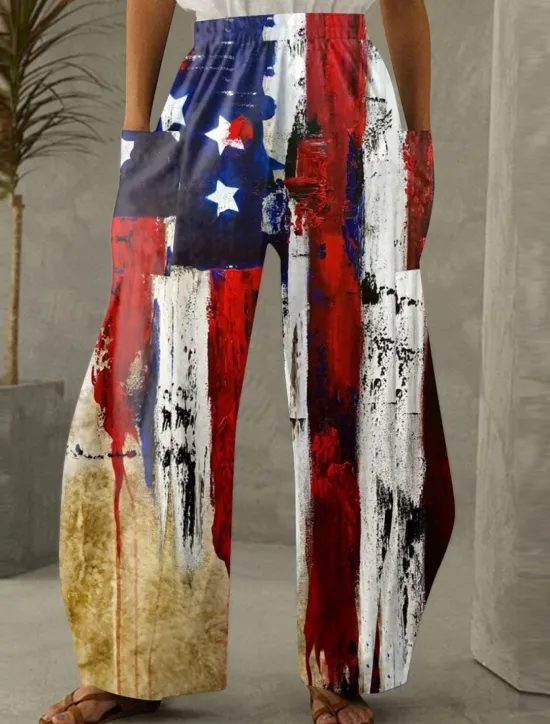 Sale Women's Wide Leg Chinos Vacation Fashion Streetwear Full Length High WaistPants Flag Pocket Elastic Waistband Printing Comfy Soft Comfortable Micro-elastic Outdoor Women Independence Day Bottoms