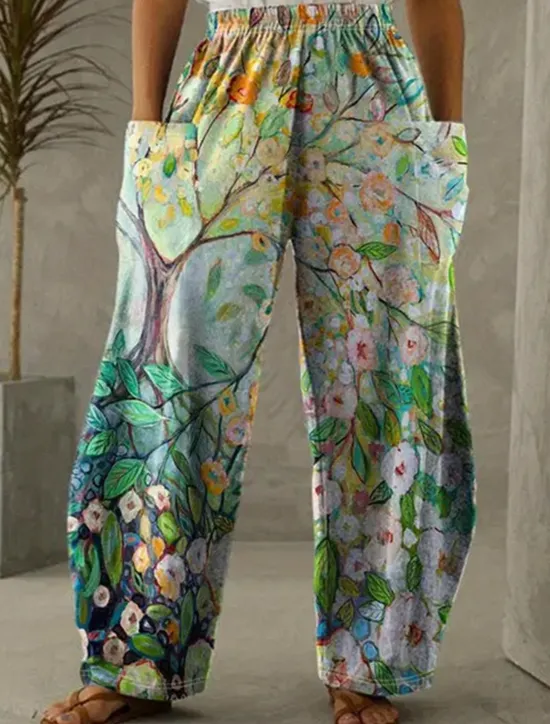 Outlet Women's Wide Leg Chinos Vacation Vintage Ethnic Style Full Length High Waist Floral Graphic Abstract Elastic Waistband Inelastic Causal Casual Daily Purple Green Light Green Summer Spring Loose Fit Women Pants