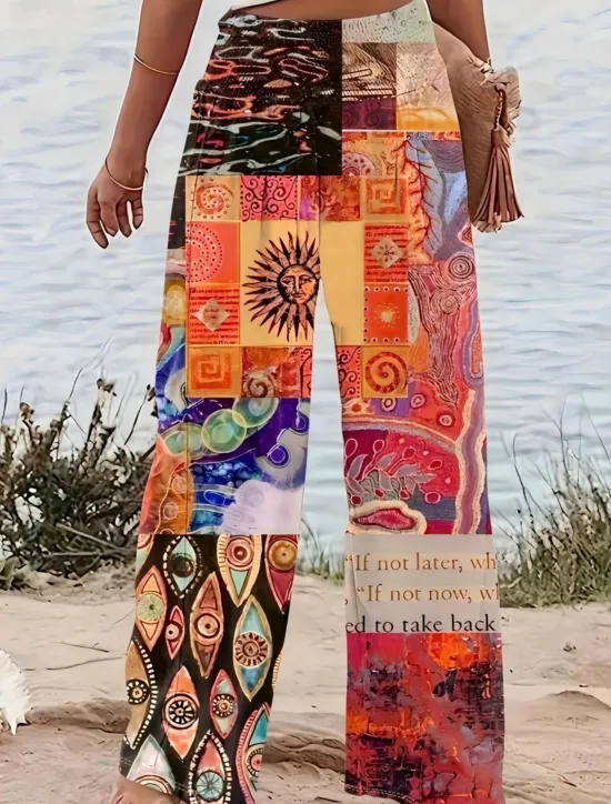 Online Women's Wide Leg Chinos Vacation Vintage Ethnic Style Long High Waist Graphic Plaid Checkered Pocket Elastic Waistband Comfy Soft Comfortable Micro-elastic Outdoor Street Blue Orange Summer Spring Women Pants