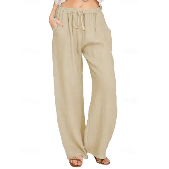 New Women's Wide Leg Cotton Linen Pants Pants Trousers Casual Daily Full Length Plain Drawstring Side Pockets Wide Leg Breathability Comfortable Inelastic Going out Weekend Black White Navy Blue Women Pants