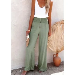 Women's Wide Leg Cotton Linen Pants Baggy Pants Vacation Solid Full Length Mid Waist Elastic Waist Wide Leg Baggy Comfort Micro-elastic Casual Holiday Black White Wine Green Summer Spring Regular Fit Women Pants