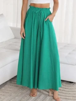 Best Women's Wide Leg Cotton Linen Pants Pants Trousers Fashion Full Length Shamrock Drawstring Side Pockets Wide Leg Breathability Comfortable Inelastic Casual Daily Light Yellow Orange red Forest Green Women Pants|Pants