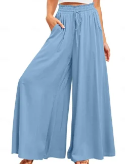Best Women's Wide Leg Cotton Linen Pants Pants Trousers Fashion Full Length Shamrock Drawstring Side Pockets Wide Leg Breathability Comfortable Inelastic Casual Daily Light Yellow Orange red Forest Green Women Pants|Pants