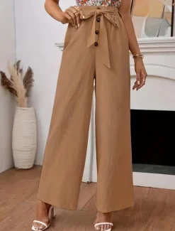 Best Women's Wide Leg Cotton Linen Pants Chinos Classic Style Full Length High Waist Plain Elastic Waistband Comfy Soft Comfortable Micro-elastic Outdoor Street Black Summer Fall Regular Fit Women Pants