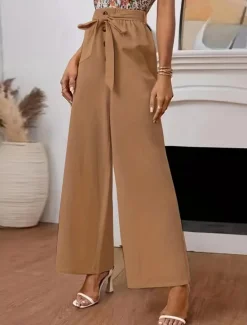 Best Women's Wide Leg Cotton Linen Pants Chinos Classic Style Full Length High Waist Plain Elastic Waistband Comfy Soft Comfortable Micro-elastic Outdoor Street Black Summer Fall Regular Fit Women Pants