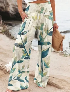 Online Women's Wide Leg Cotton Linen Pants Slacks Streetwear Casual Full Length Natural Floral Pocket Printing Comfy Outdoor Outdoor Vacation Street Black Grey Orange red Forest Green Depression Green Summer Women Pants