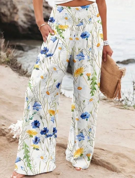 Online Women's Wide Leg Cotton Linen Pants Slacks Streetwear Casual Full Length Natural Floral Pocket Printing Comfy Outdoor Outdoor Vacation Street Black Grey Orange red Forest Green Depression Green Summer Women Pants