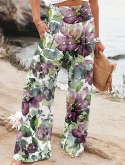 Online Women's Wide Leg Cotton Linen Pants Slacks Streetwear Casual Full Length Natural Floral Pocket Printing Comfy Outdoor Outdoor Vacation Street Black Grey Orange red Forest Green Depression Green Summer Women Pants