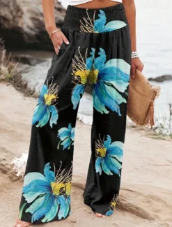 Online Women's Wide Leg Cotton Linen Pants Slacks Streetwear Casual Full Length Natural Floral Pocket Printing Comfy Outdoor Outdoor Vacation Street Black Grey Orange red Forest Green Depression Green Summer Women Pants