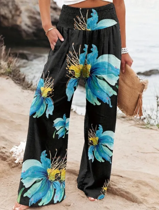 Online Women's Wide Leg Cotton Linen Pants Slacks Streetwear Casual Full Length Natural Floral Pocket Printing Comfy Outdoor Outdoor Vacation Street Black Grey Orange red Forest Green Depression Green Summer Women Pants