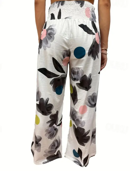 Online Women's Wide Leg Cotton Linen Pants Slacks Streetwear Casual Full Length Natural Floral Pocket Printing Comfy Outdoor Outdoor Vacation Street Black Grey Orange red Forest Green Depression Green Summer Women Pants