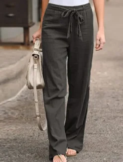 Women's Wide Leg Cotton Linen Pants Pants Trousers Streetwear Casual Long High Waist Plain Pocket High Cut Breathability Soft Micro-elastic Vacation Street Daily Wear Black White Light Green Blue Women Pants|Pants