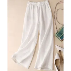 Outlet Women's Wide Leg Cotton Linen Pants Chinos Fashion Streetwear Simple Ankle-Length High Waist Plain Maillard Pocket Elastic Waist Baggy Comfort Breathability Soft Micro-elastic Vacation Daily Daily Women Pants