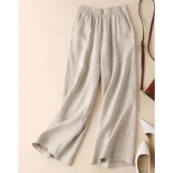 Outlet Women's Wide Leg Cotton Linen Pants Chinos Fashion Streetwear Simple Ankle-Length High Waist Plain Maillard Pocket Elastic Waist Baggy Comfort Breathability Soft Micro-elastic Vacation Daily Daily Women Pants