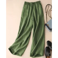 Outlet Women's Wide Leg Cotton Linen Pants Chinos Fashion Streetwear Simple Ankle-Length High Waist Plain Maillard Pocket Elastic Waist Baggy Comfort Breathability Soft Micro-elastic Vacation Daily Daily Women Pants
