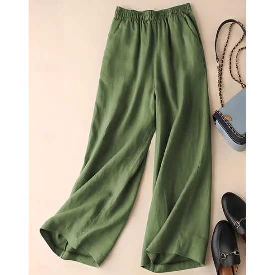 Outlet Women's Wide Leg Cotton Linen Pants Chinos Fashion Streetwear Simple Ankle-Length High Waist Plain Maillard Pocket Elastic Waist Baggy Comfort Breathability Soft Micro-elastic Vacation Daily Daily Women Pants