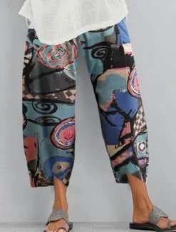 Women's Wide Leg Cotton Linen Pants Pants Trousers Vintage Ethnic Style Ethnic Ankle-Length High Waist Color Block Abstract Pocket Elastic Waist Print Comfort Breathability Soft Micro-elastic Casual Women Pants