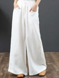 Outlet Women's Wide Leg Cotton Linen Pants Slacks Fashion Streetwear Full Length Natural Plain Pocket Elastic Drawstring Design Comfy Outdoor Street Holiday Weekend Apricot Grey Black White Summer Regular Women Pants