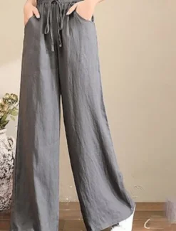 Outlet Women's Wide Leg Cotton Linen Pants Slacks Fashion Streetwear Full Length Natural Plain Pocket Elastic Drawstring Design Comfy Outdoor Street Holiday Weekend Apricot Grey Black White Summer Regular Women Pants