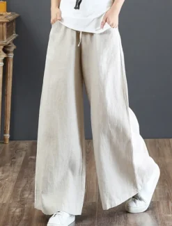 Outlet Women's Wide Leg Cotton Linen Pants Slacks Fashion Streetwear Full Length Natural Plain Pocket Elastic Drawstring Design Comfy Outdoor Street Holiday Weekend Apricot Grey Black White Summer Regular Women Pants
