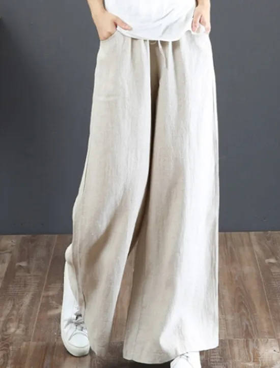 Outlet Women's Wide Leg Cotton Linen Pants Slacks Fashion Streetwear Full Length Natural Plain Pocket Elastic Drawstring Design Comfy Outdoor Street Holiday Weekend Apricot Grey Black White Summer Regular Women Pants