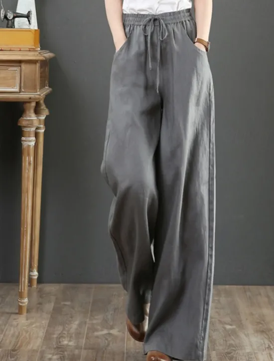 Outlet Women's Wide Leg Cotton Linen Pants Slacks Fashion Streetwear Full Length Natural Plain Pocket Elastic Drawstring Design Comfy Outdoor Street Holiday Weekend Apricot Grey Black White Summer Regular Women Pants
