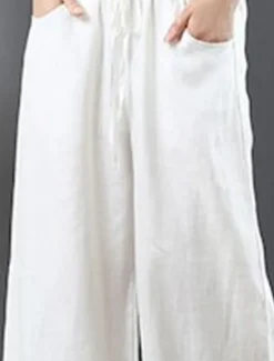 Outlet Women's Wide Leg Cotton Linen Pants Slacks Fashion Streetwear Full Length Natural Plain Pocket Elastic Drawstring Design Comfy Outdoor Street Holiday Weekend Apricot Grey Black White Summer Regular Women Pants