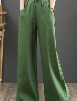 Outlet Women's Wide Leg Cotton Linen Pants Slacks Fashion Streetwear Full Length Natural Plain Pocket Elastic Drawstring Design Comfy Outdoor Street Holiday Weekend Apricot Grey Black White Summer Regular Women Pants