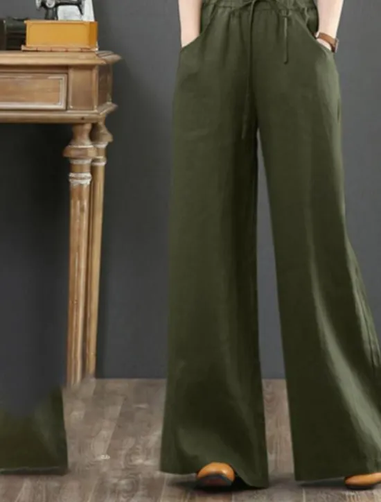 Outlet Women's Wide Leg Cotton Linen Pants Slacks Fashion Streetwear Full Length Natural Plain Pocket Elastic Drawstring Design Comfy Outdoor Street Holiday Weekend Apricot Grey Black White Summer Regular Women Pants