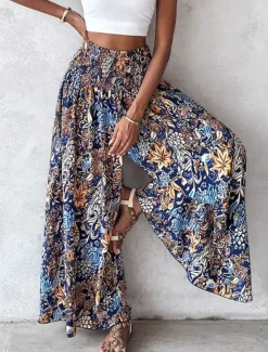 Best Women's Wide Leg Pants A Line Print Floral Boho Black Summer Women Pants