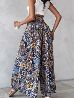 Best Women's Wide Leg Pants A Line Print Floral Boho Black Summer Women Pants