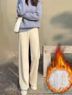 Hot Women's Wide Leg Pants Fleece Trousers Baggy Full Length Micro-elastic High Waist Fashion Streetwear Outdoor Black Beige M L Fall Winter Women Pants