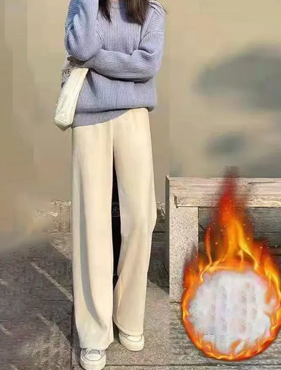 Hot Women's Wide Leg Pants Fleece Trousers Baggy Full Length Micro-elastic High Waist Fashion Streetwear Outdoor Black Beige M L Fall Winter Women Pants