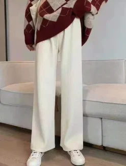 Hot Women's Wide Leg Pants Fleece Trousers Baggy Full Length Micro-elastic High Waist Fashion Streetwear Outdoor Black Beige M L Fall Winter Women Pants
