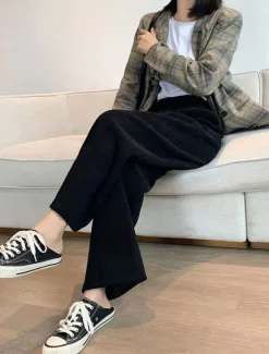Hot Women's Wide Leg Pants Fleece Trousers Baggy Full Length Micro-elastic High Waist Fashion Streetwear Outdoor Black Beige M L Fall Winter Women Pants