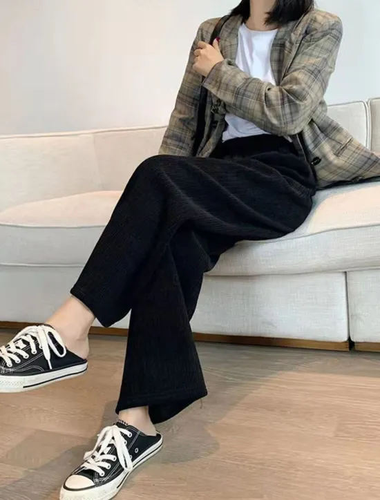 Hot Women's Wide Leg Pants Fleece Trousers Baggy Full Length Micro-elastic High Waist Fashion Streetwear Outdoor Black Beige M L Fall Winter Women Pants