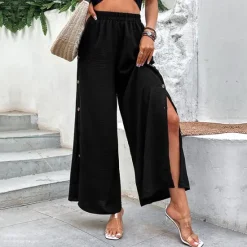 Clearance Women's Wide Leg Pants Trousers Casual Daily Full Length High Waist Plain Split Side Button Breathability Comfortable Micro-elastic Going out Spring & Summer Loose Fit Women Pants