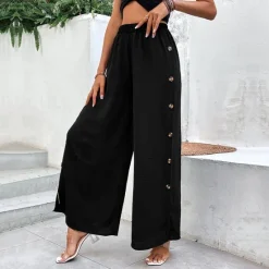 Clearance Women's Wide Leg Pants Trousers Casual Daily Full Length High Waist Plain Split Side Button Breathability Comfortable Micro-elastic Going out Spring & Summer Loose Fit Women Pants