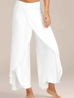 New Women's Wide Leg Pants Trousers Baggy Pants Boho Full Length Mid Waist Solid Color Plain Solid Colored Baggy Soft Daily Going out ArmyGreen Black White Autumn / Fall Spring & Summer Regular Fit Women Pants