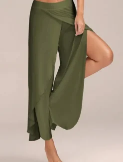 New Women's Wide Leg Pants Trousers Baggy Pants Boho Full Length Mid Waist Solid Color Plain Solid Colored Baggy Soft Daily Going out ArmyGreen Black White Autumn / Fall Spring & Summer Regular Fit Women Pants