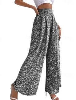 Sale Women's Wide Leg Pants Trousers Casual Daily Long Floral Printing Breathability Comfortable Micro-elastic Weekend Black Red Blue Green Spring & Summer Regular Fit Women Pants